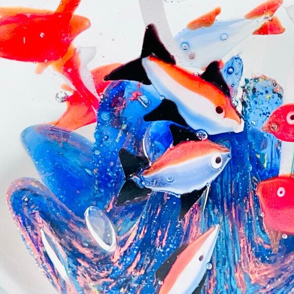 Murano Art Glass School Fish Bubble Hand Blown Paperweight Aquarium Blue Orange - Picture 9 of 13